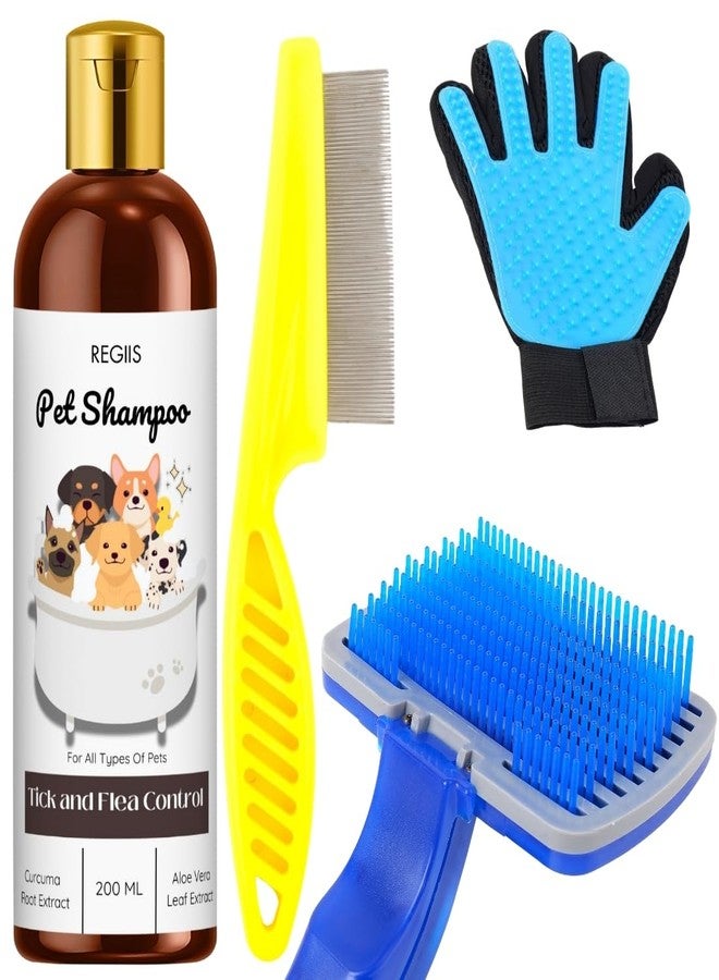 مجموعة العناية بالحيوانات الأليفة مع شامبو لمكافحة القراد والبراغيث، وفرشاة ذاتية التنظيف، وقفاز لإزالة الشعر الزائد، ومشط للبراغيث للكلاب، مجموعة من 4 قطع - Image 1